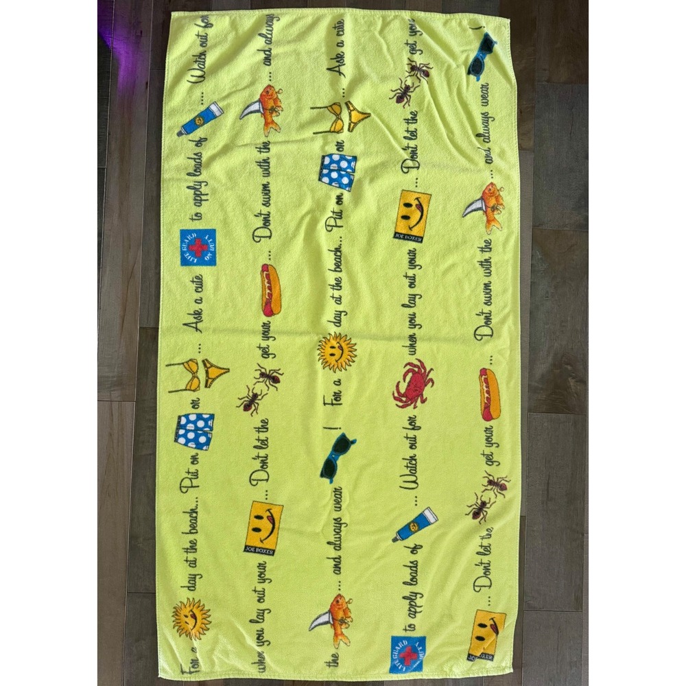 Vintage Joe Boxer Beach Towel Lime Green Graphic Print 90s Smiley Face Retro